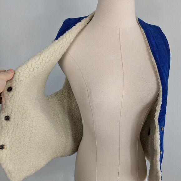 Vintage Corduroy Vest Sherpa Shearling Snap Western Boho 70s 80s Blue Cream L - Picture 3 of 13